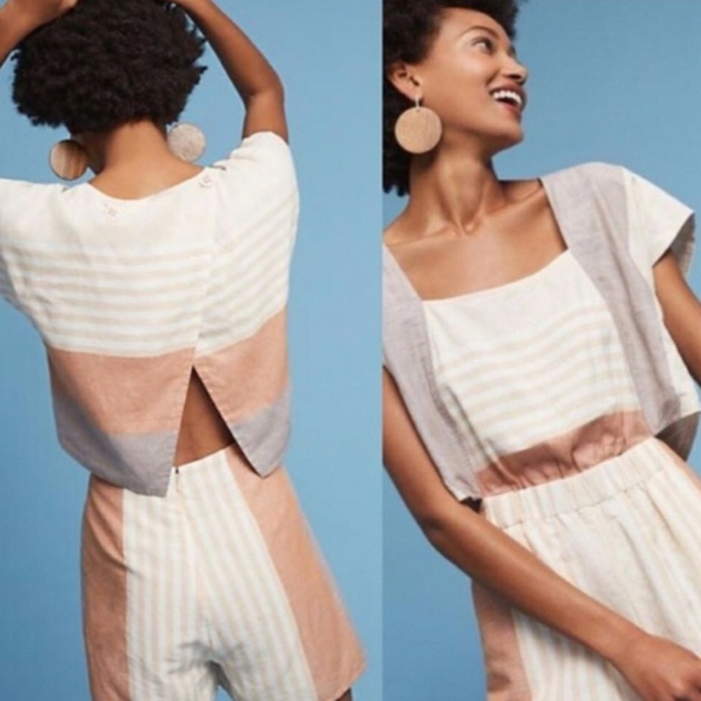 Anthropologie Elevenses striped linen romper xs